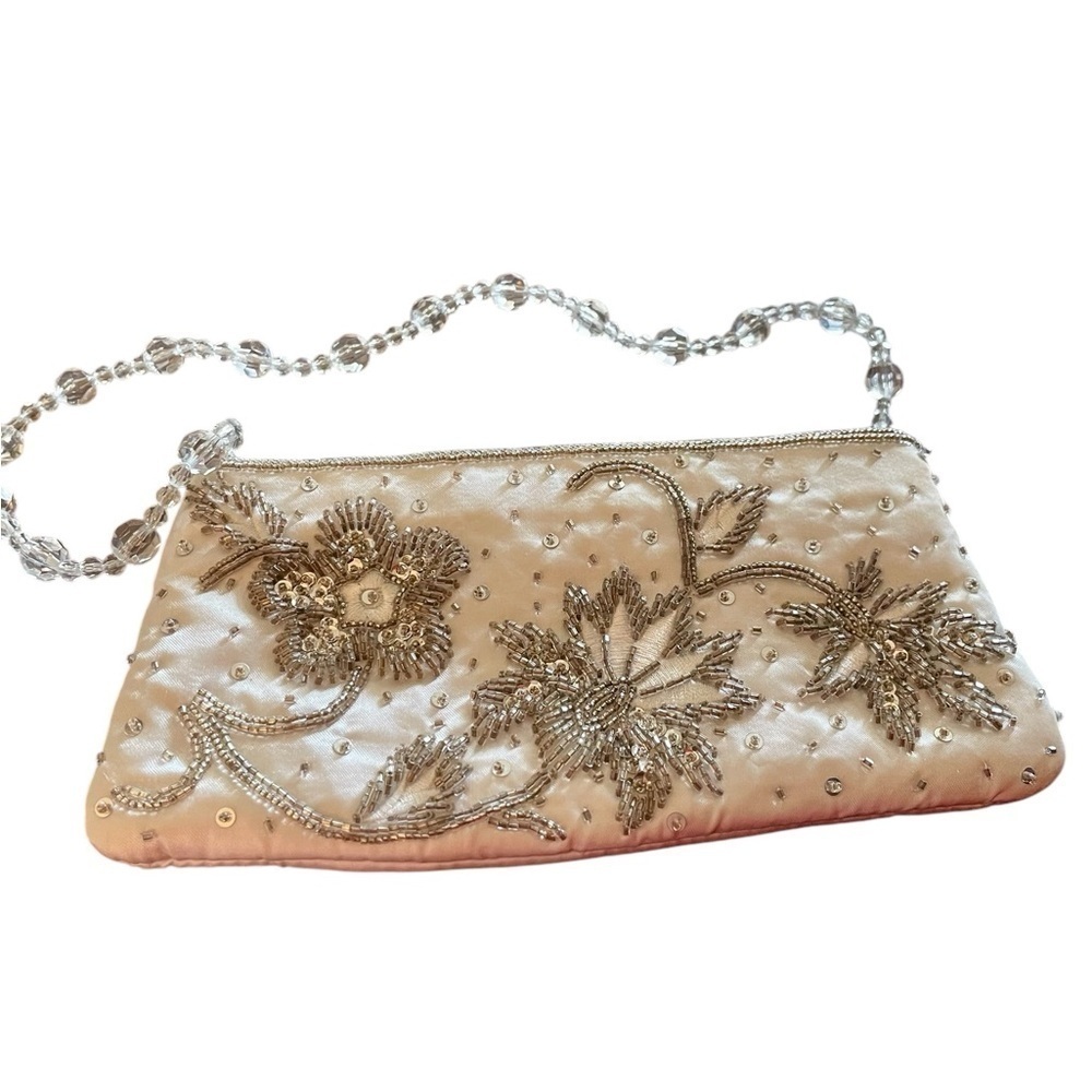 Clutch Mini Wristlet HandSewn & Beaded White Satin & Silver Flowers Beaded Chain